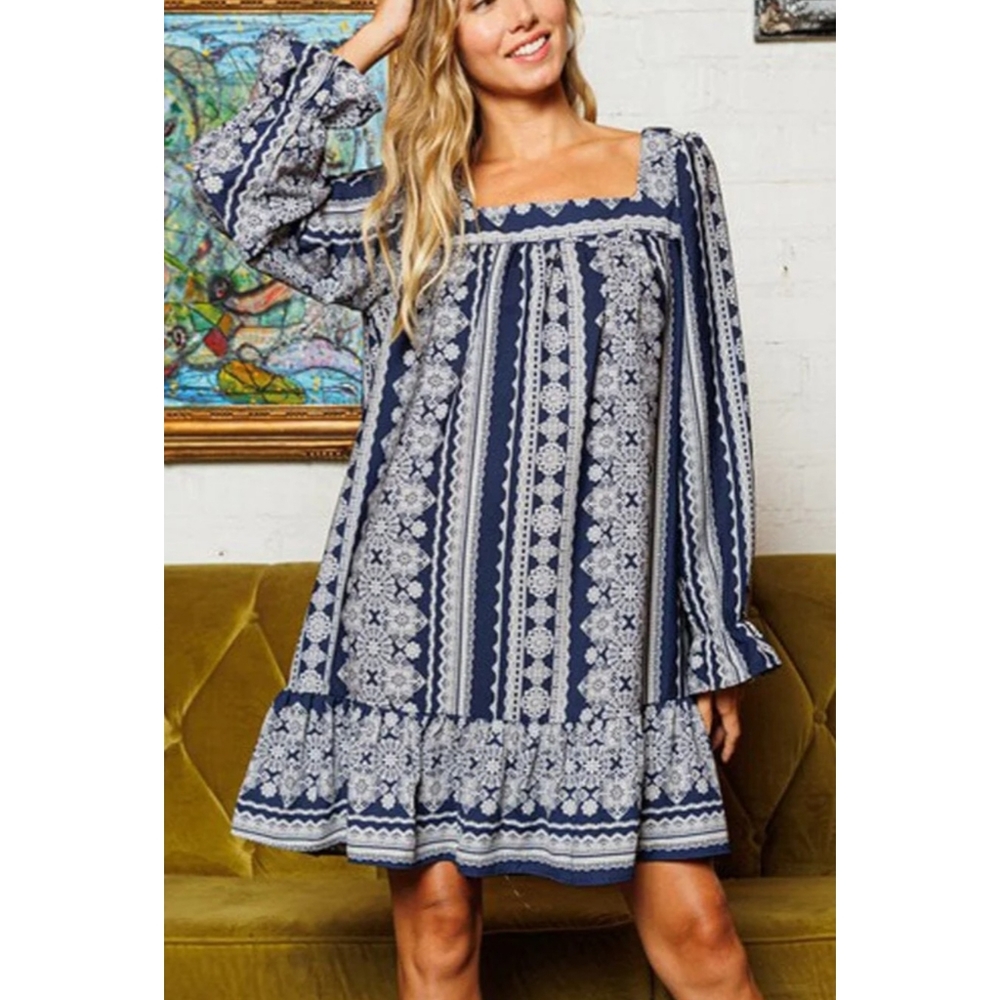 Navy & white multi print boho square neck long flounce sleeve tiered tunic dres